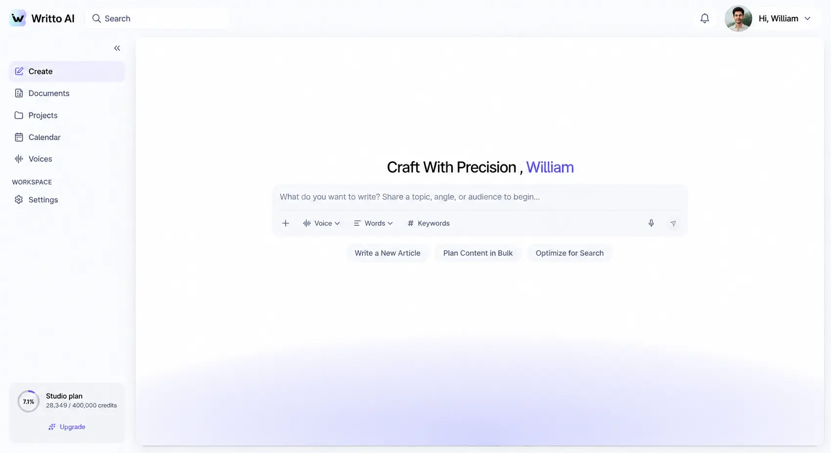 Writto AI writing workspace