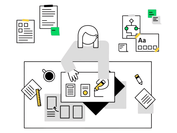 Illustration of a content professional working across documents, briefs, and layouts at a desk.